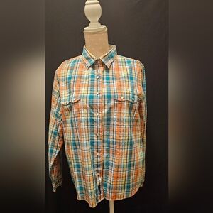 Roughstock Panhandle Slim Orange/Turquoise Plaid Pearlsnap Button Shirt Sz L
